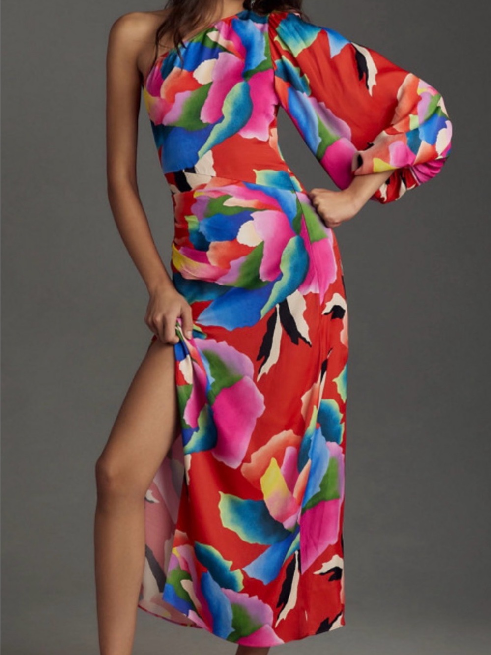 FARM Rio One-Shoulder Floral Maxi Dress in Red Multicolor